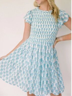 Rubi Jo J.Marie Collections blue white block print smocked ruffle sleeves dress